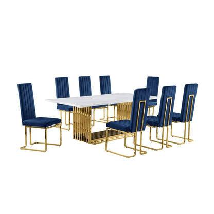9pc Large(79") marble top dining set with gold base and 8 Navy blue side chairs