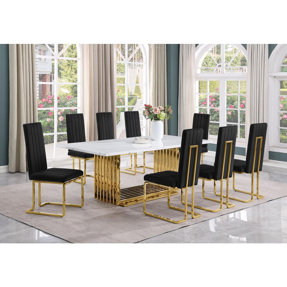 9pc Large(79") marble top dining set with gold base and 8 Black side chairs
