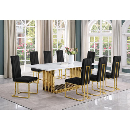 9pc Large(79") marble top dining set with gold base and 8 Black side chairs