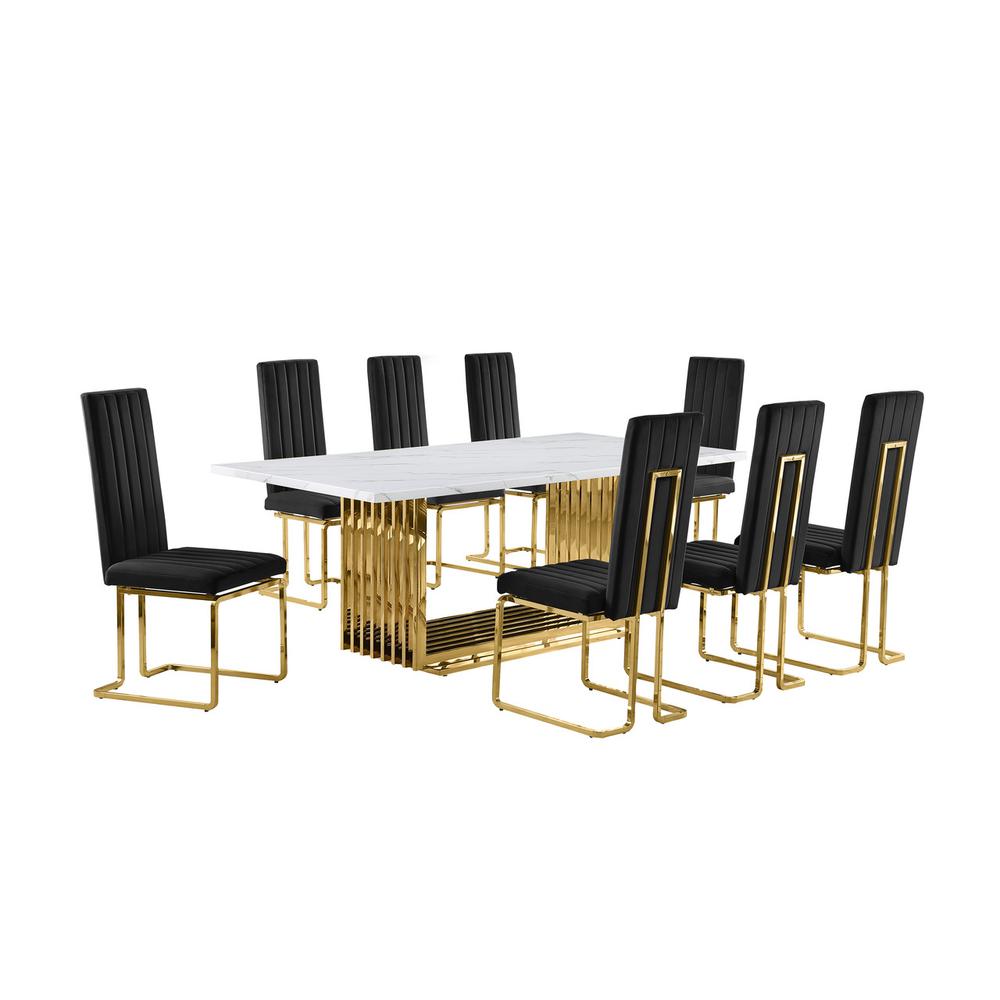 9pc Large(79") marble top dining set with gold base and 8 Black side chairs