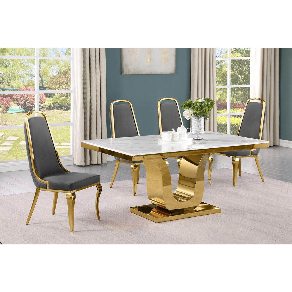 5pc Small(66") marble top dining set with gold base and 4 Dark grey side chairs