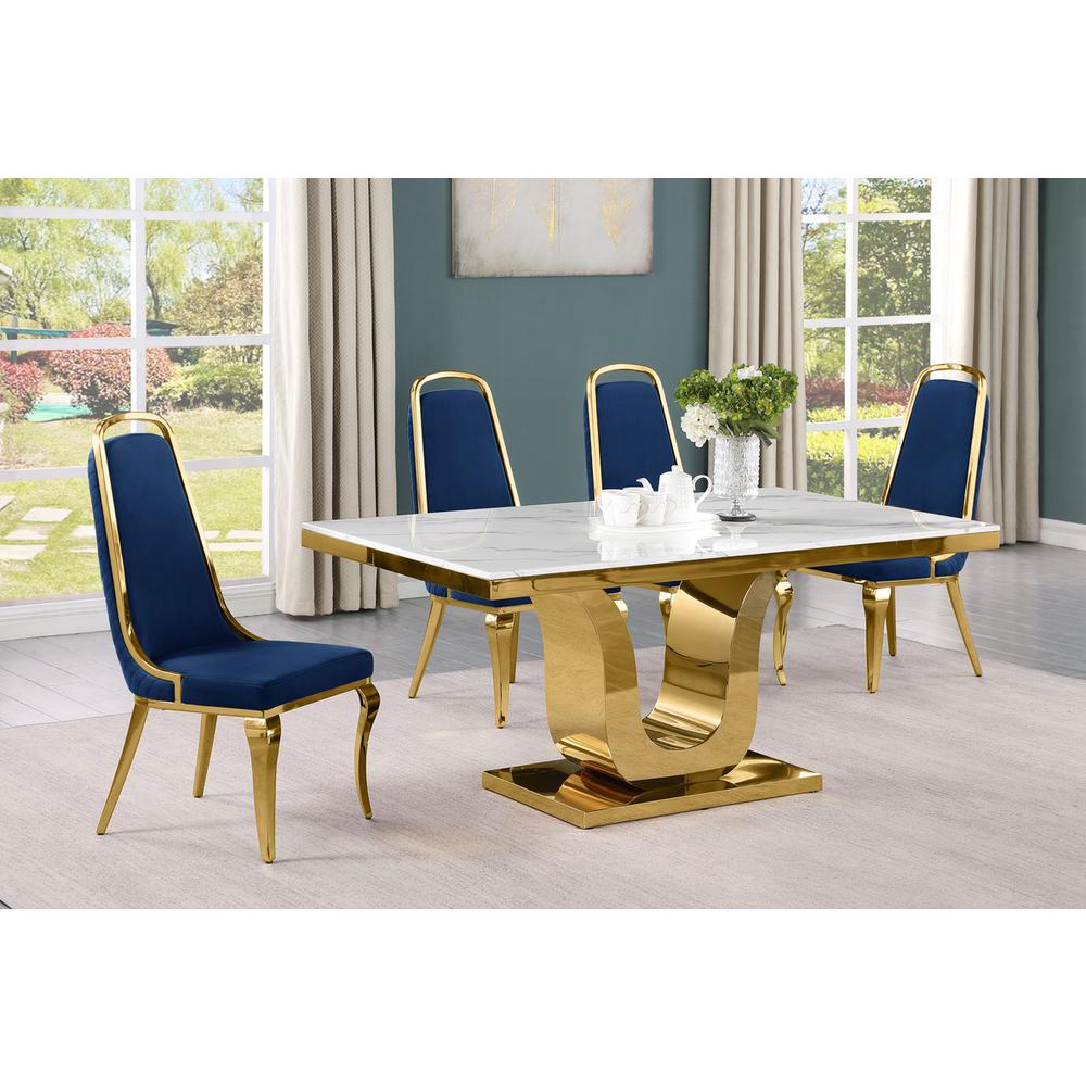 5pc Small(66") marble top dining set with gold base and 4 Navy blue chairs