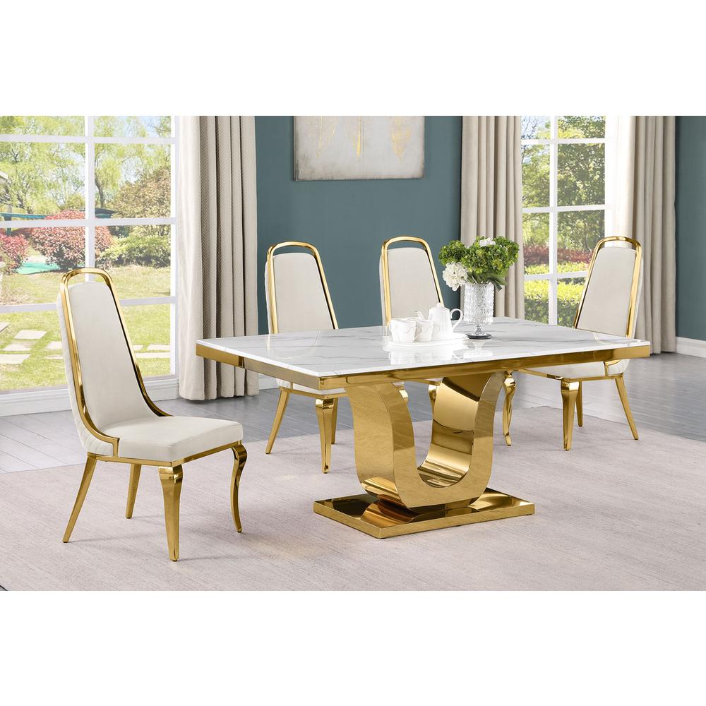 5pc Small(66") marble top dining set with gold base and 4 Cream side chairs