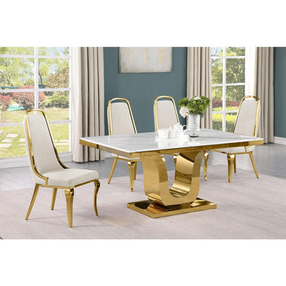 5pc Small(66") marble top dining set with gold base and 4 Cream side chairs