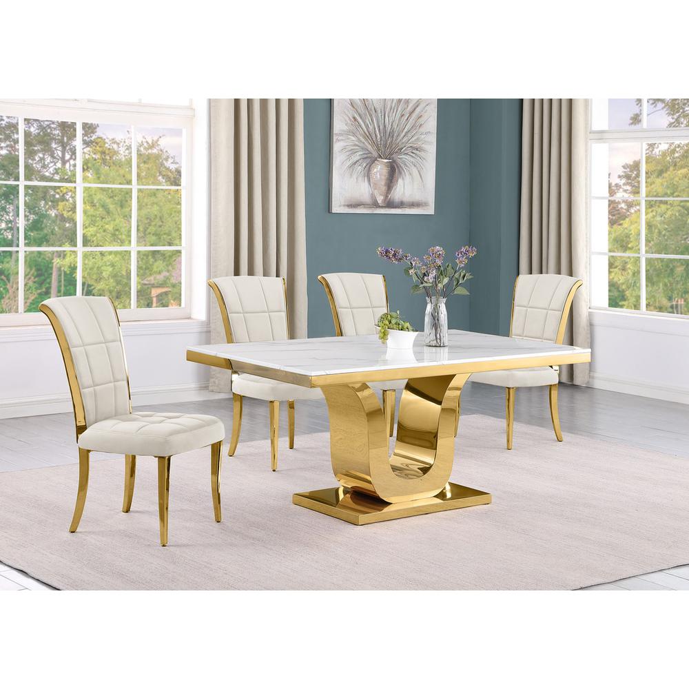 5pc Small(66") marble top dining set with gold base and 4 Cream side chairs