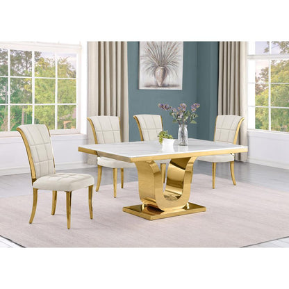 5pc Small(66") marble top dining set with gold base and 4 Cream side chairs