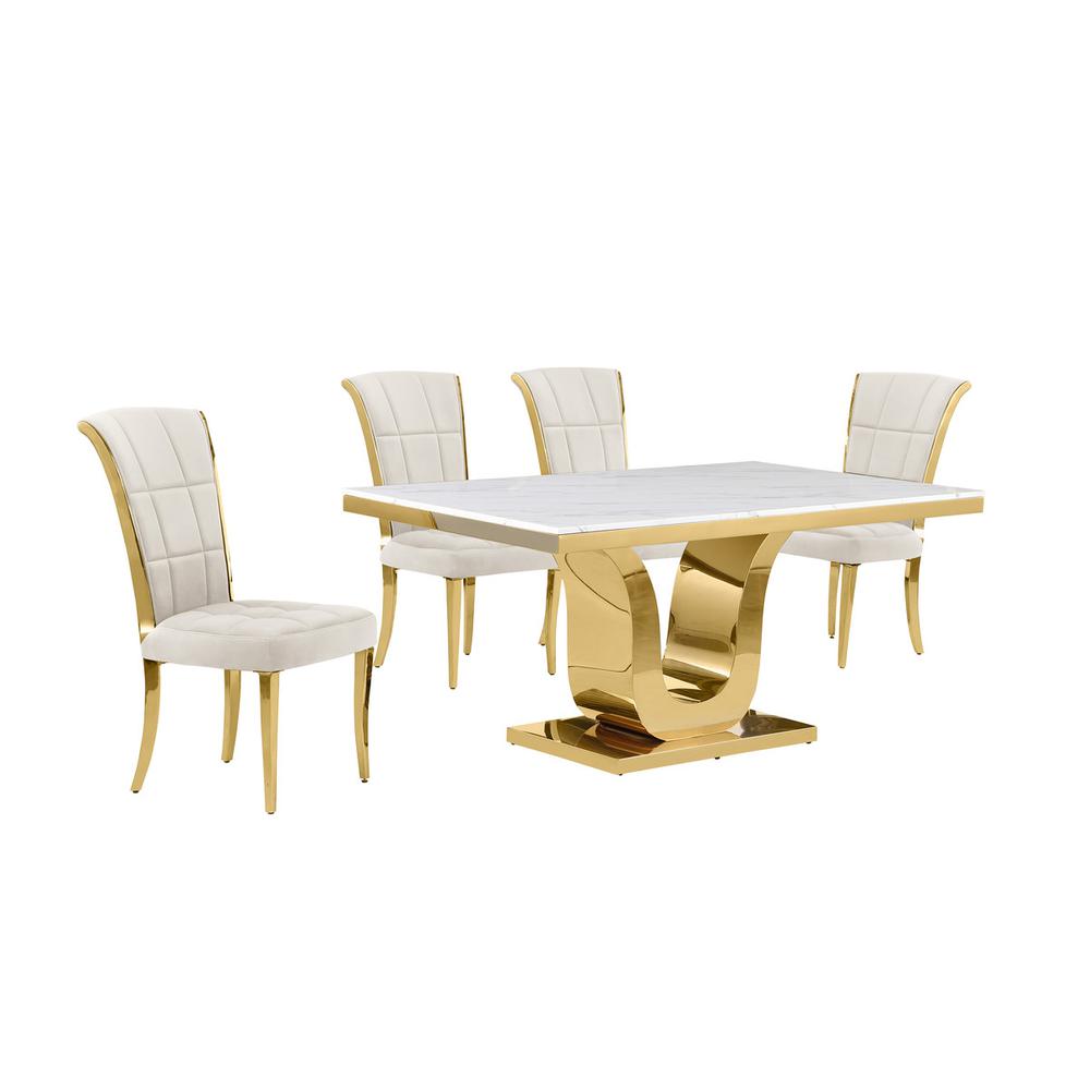 5pc Small(66") marble top dining set with gold base and 4 Cream side chairs