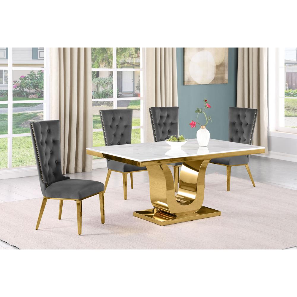 5pc Small(66") marble top dining set with gold base and 4 Dark grey side chairs