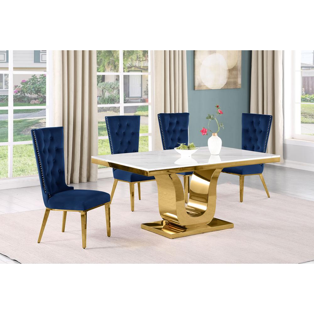 5pc Small(66") marble top dining set with gold base and 4 Navy blue chairs