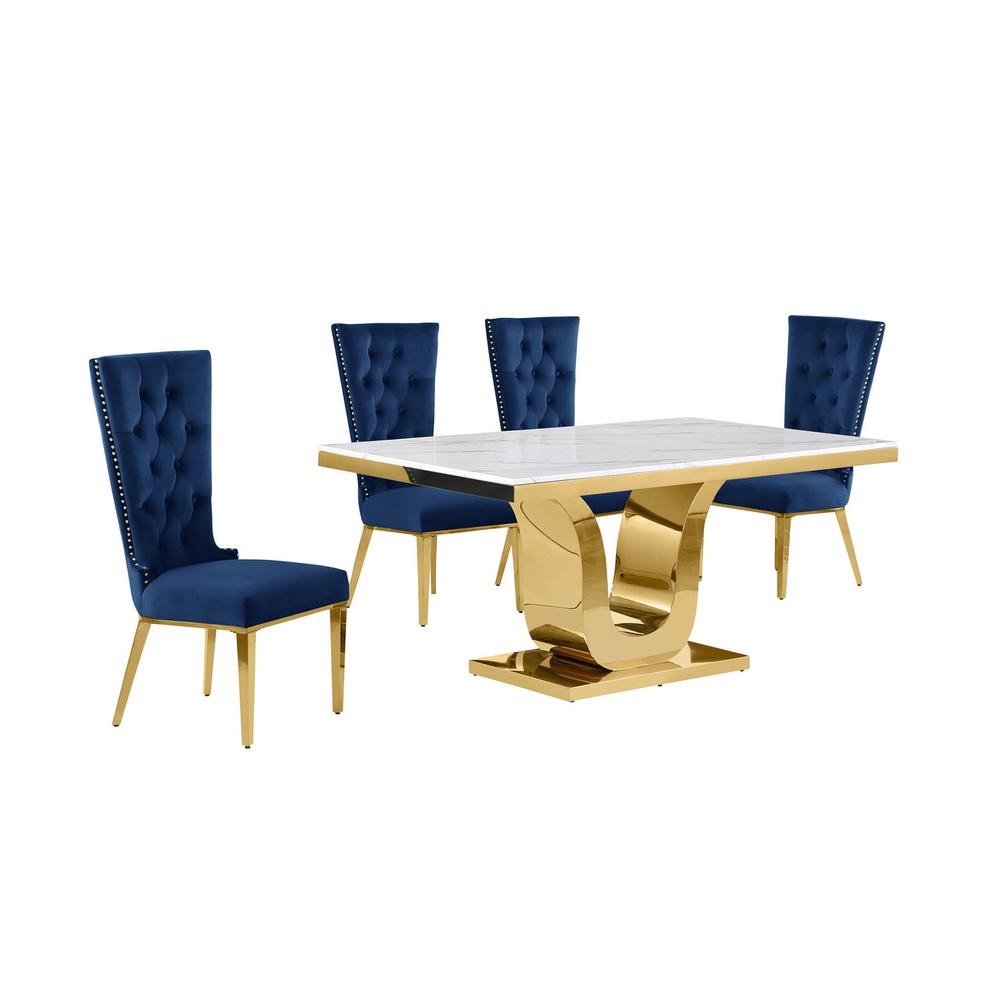5pc Small(66") marble top dining set with gold base and 4 Navy blue chairs
