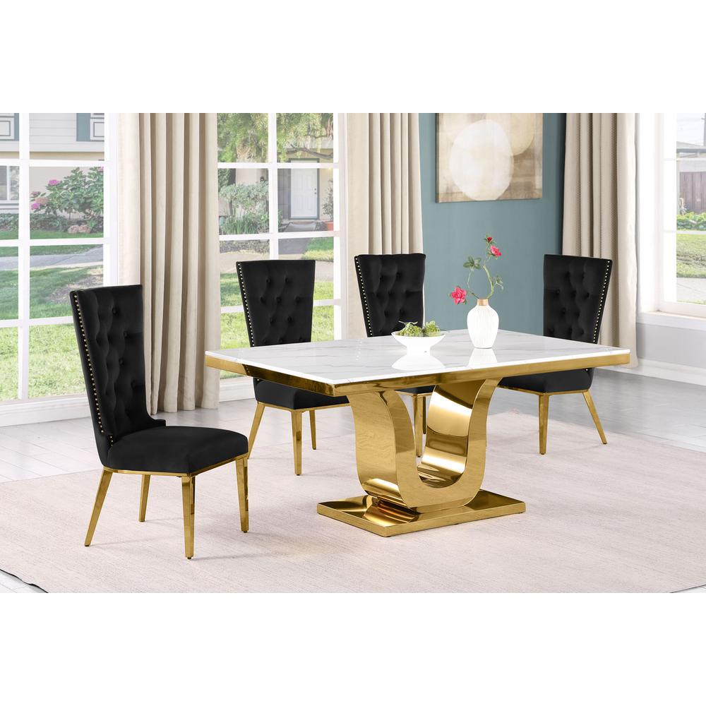 5pc Small(66") marble top dining set with gold base and 4 Black side chairs