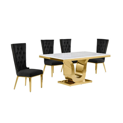 5pc Small(66") marble top dining set with gold base and 4 Black side chairs
