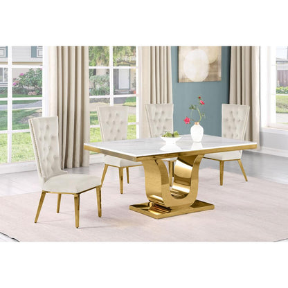5pc Small(66") marble top dining set with gold base and 4 Cream side chairs