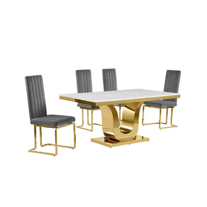 5pc Small(66") marble top dining set with gold base and 4 Dark grey side chairs