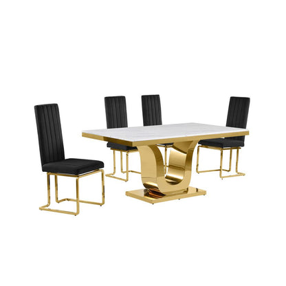 5pc Small(66") marble top dining set with gold base and 4 Black side chairs