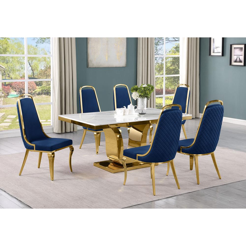 7pc Small(66") marble top dining set with gold base and 6 Navy blue side chairs