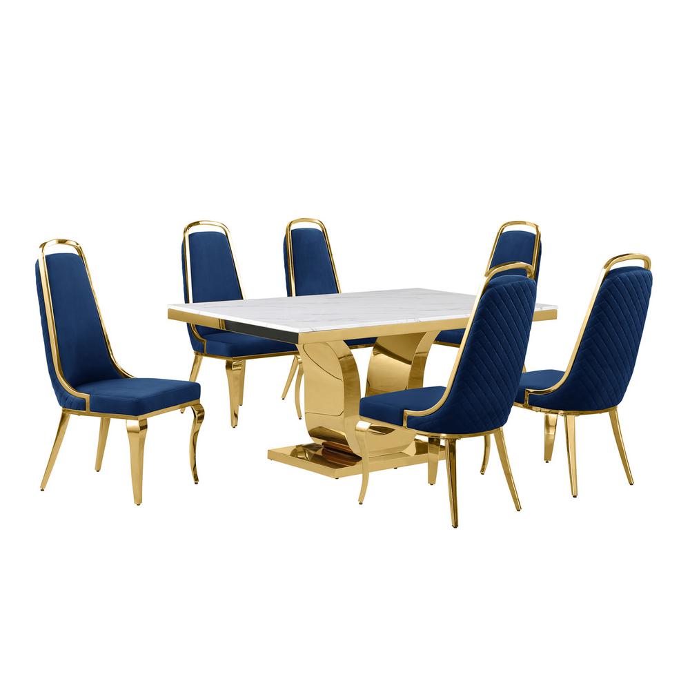 7pc Small(66") marble top dining set with gold base and 6 Navy blue side chairs