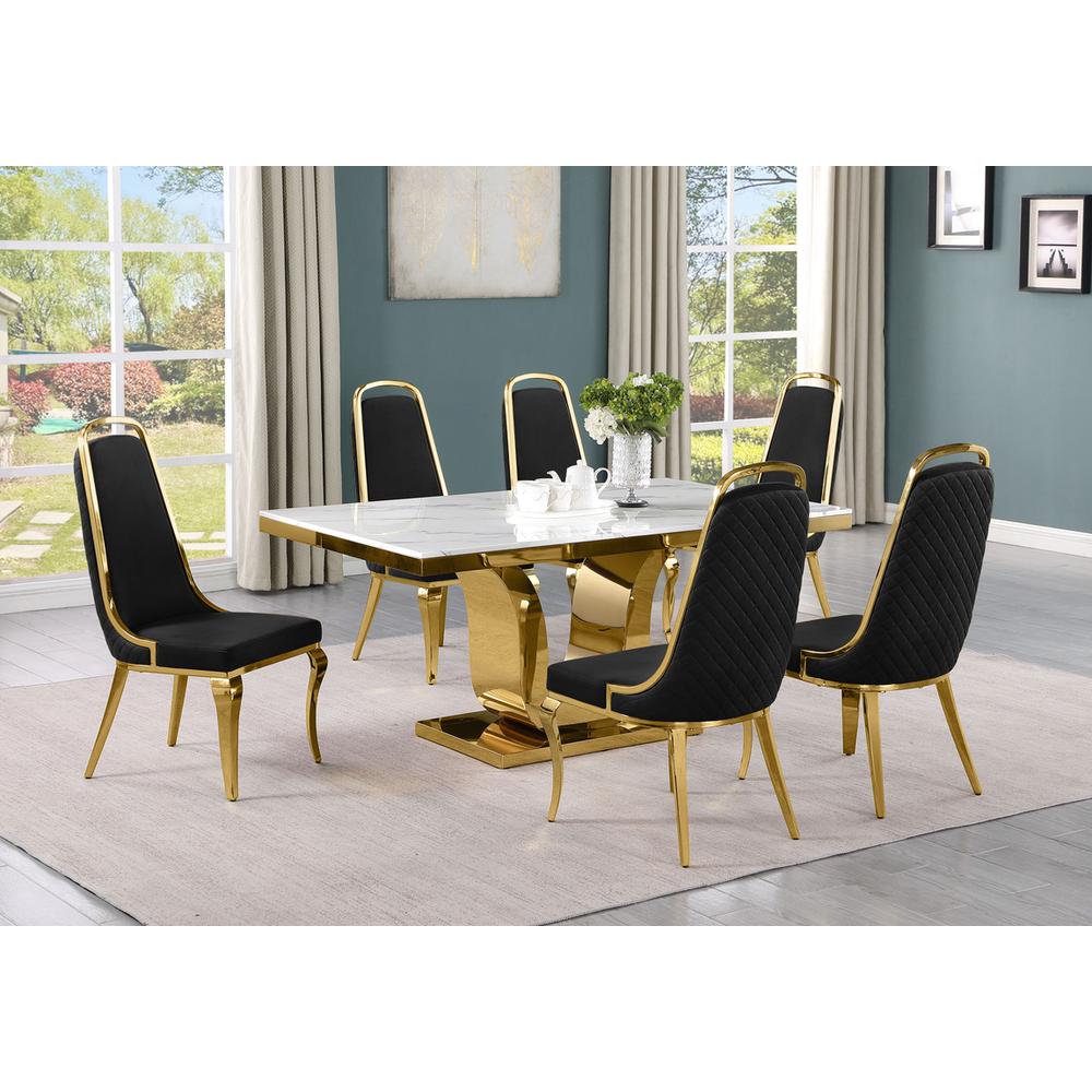 7pc Small(66") marble top dining set with gold base and 6 Black side chairs