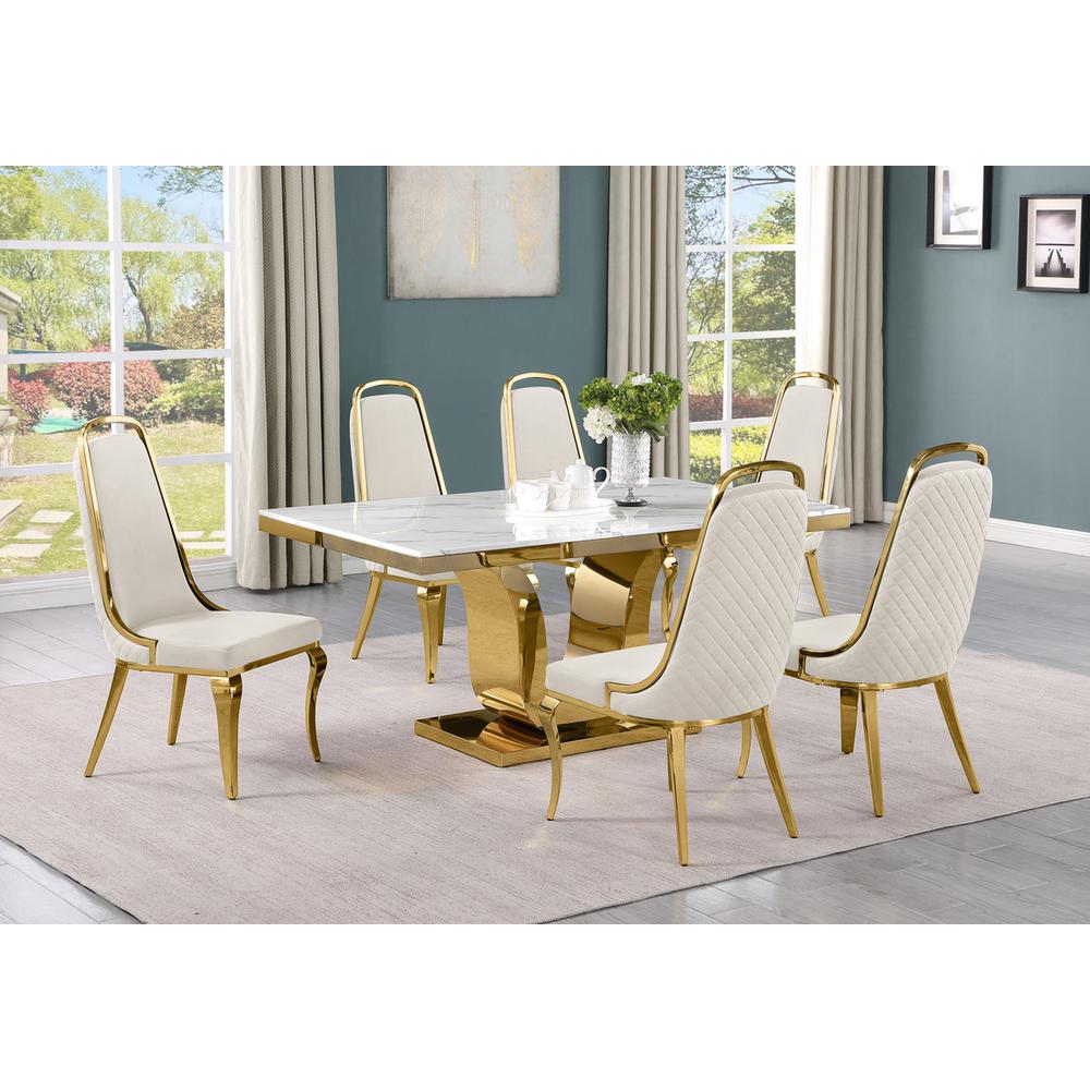 7pc Small(66") marble top dining set with gold base and 6 Cream side chairs