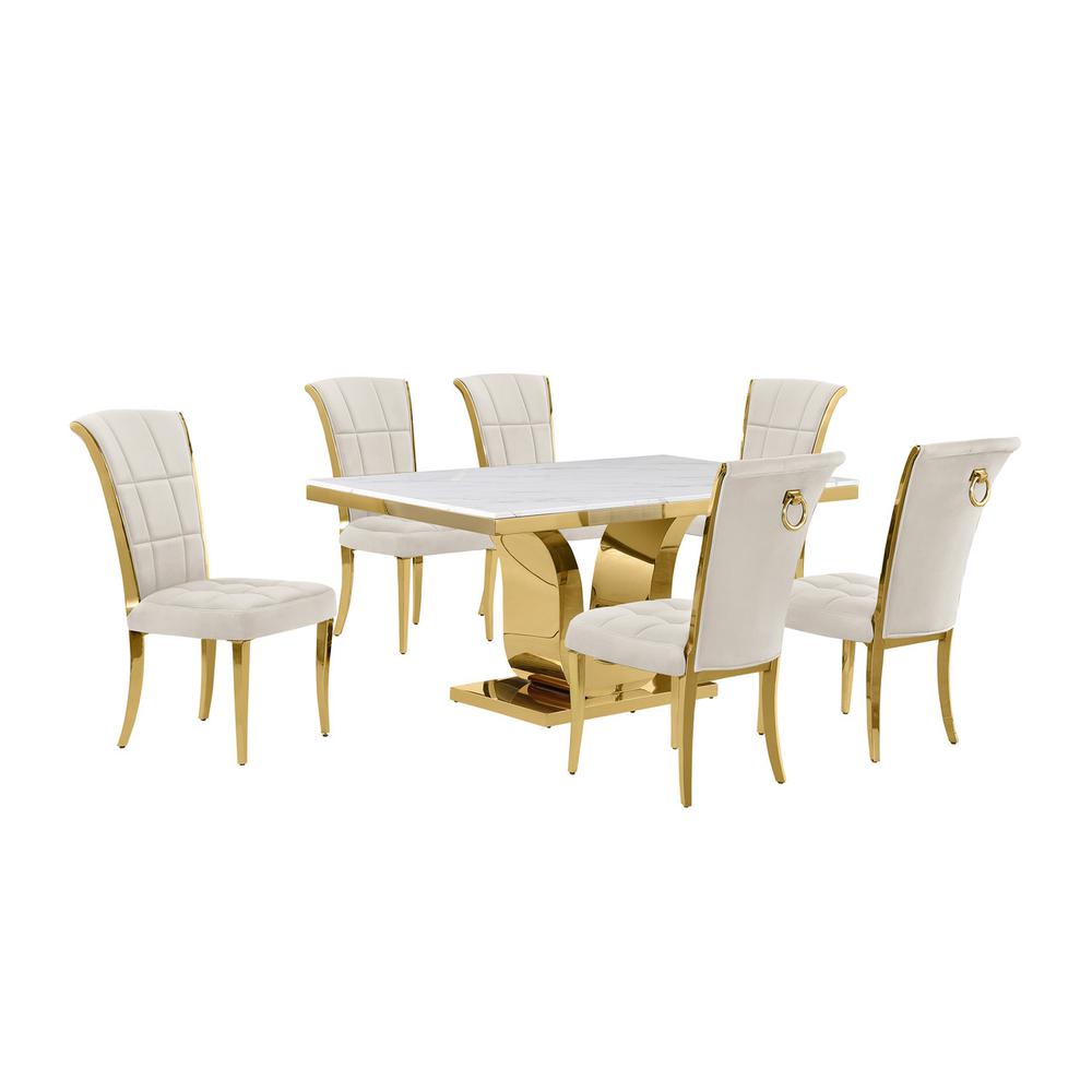 7pc Small(66") marble top dining set with gold base and 6 Cream side chairs