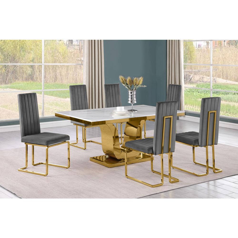 7pc Small(66") marble stop dining set with gold base and 6 Dark grey chairs