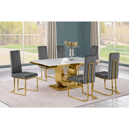 7pc Small(66") marble stop dining set with gold base and 6 Dark grey chairs