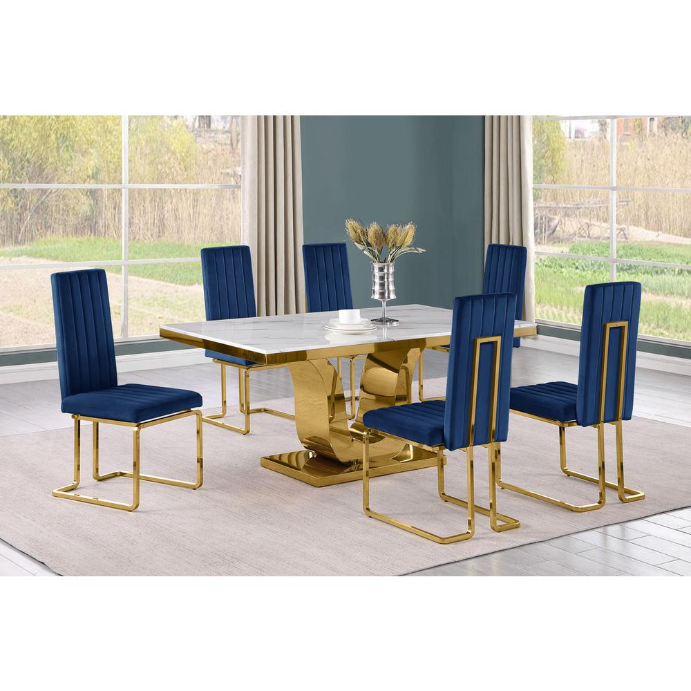 7pc Small(66") marble stop dining set with gold base and 6 Navy blue side chairs