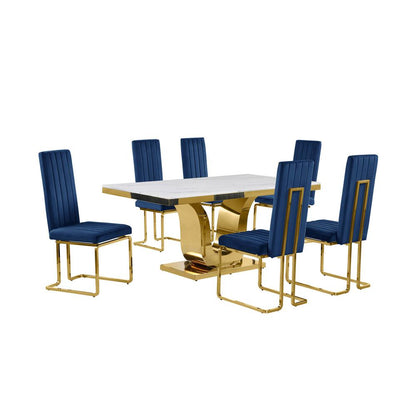 7pc Small(66") marble stop dining set with gold base and 6 Navy blue side chairs