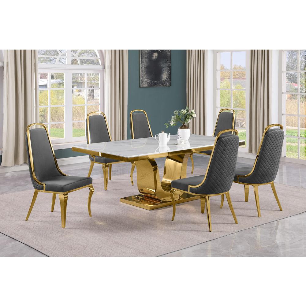 7pc Large(76") marble top dining set with gold base and 6 Dark grey side chairs