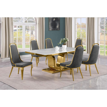 7pc Large(76") marble top dining set with gold base and 6 Dark grey side chairs