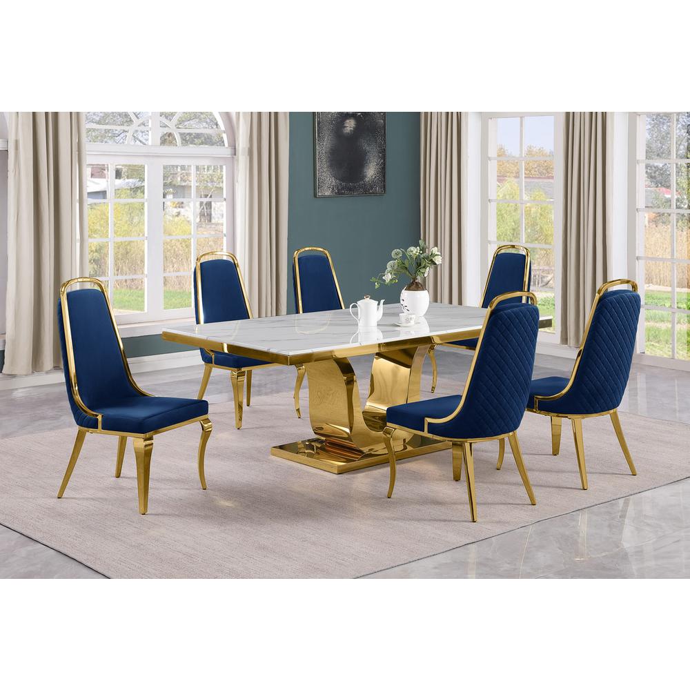 7pc Large(76") marble top dining set with gold base and 6 Navy blue chairs