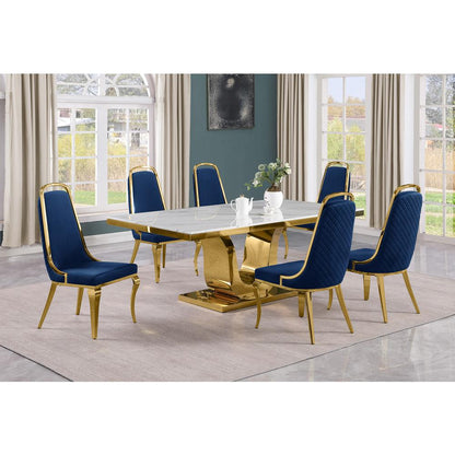 7pc Large(76") marble top dining set with gold base and 6 Navy blue chairs
