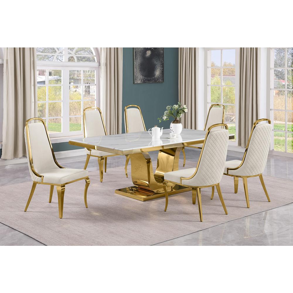 7pc Large(76") marble top dining set with gold base and 6 Cream side chairs