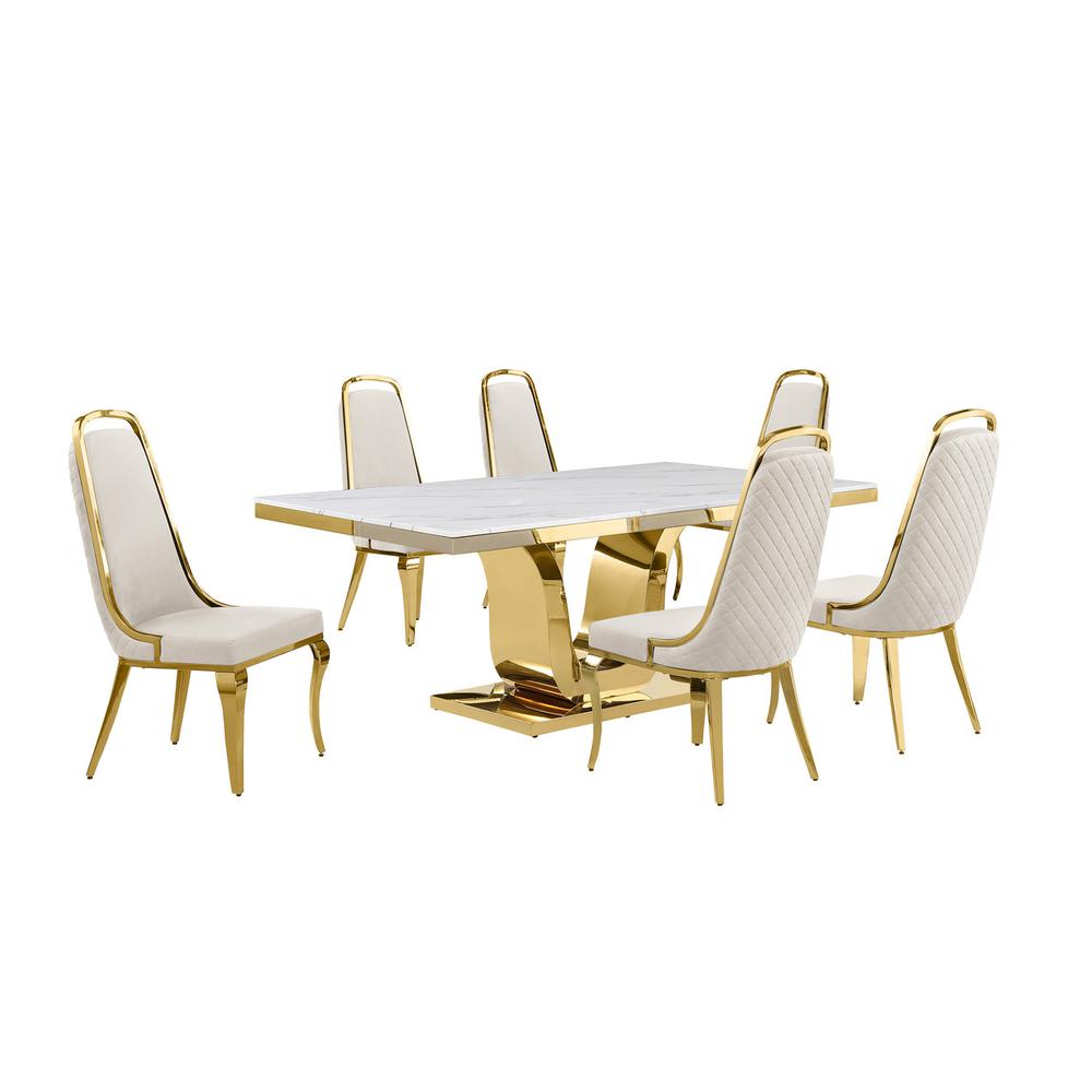 7pc Large(76") marble top dining set with gold base and 6 Cream side chairs