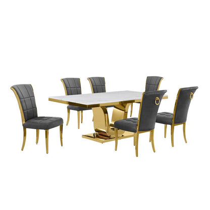 7pc Large(76") marble top dining set with gold base and 6 Dark grey side chairs