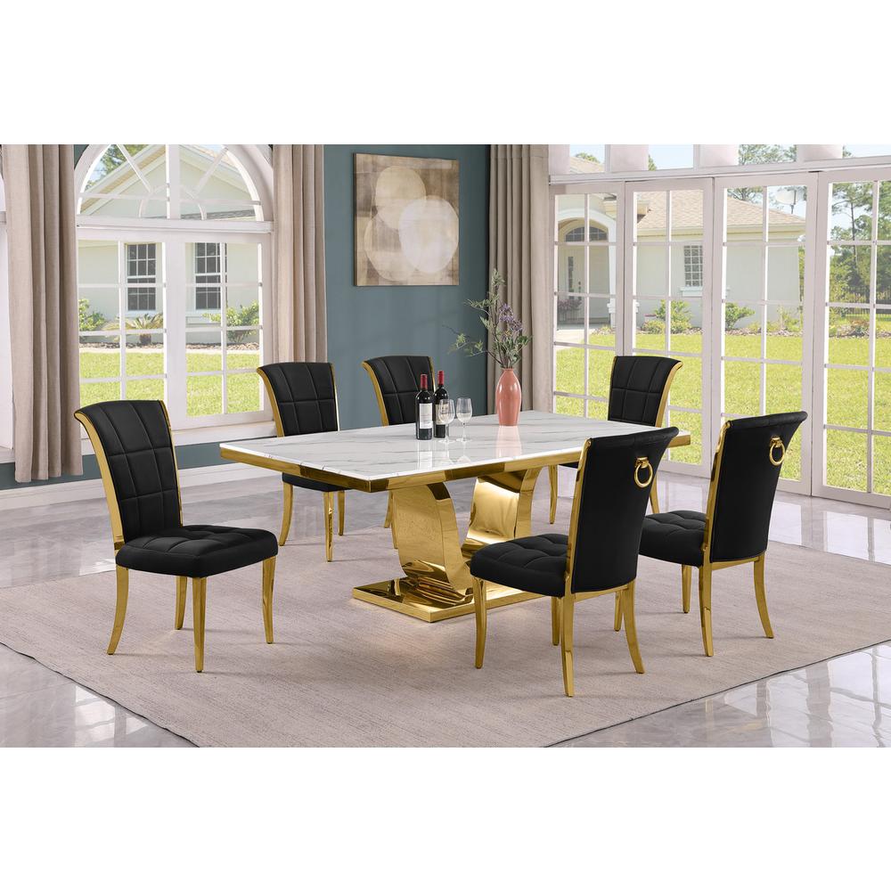 7pc Large(76") marble top dining set with gold base and 6 Black side chairs