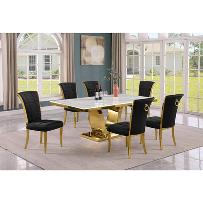 7pc Large(76") marble top dining set with gold base and 6 Black side chairs