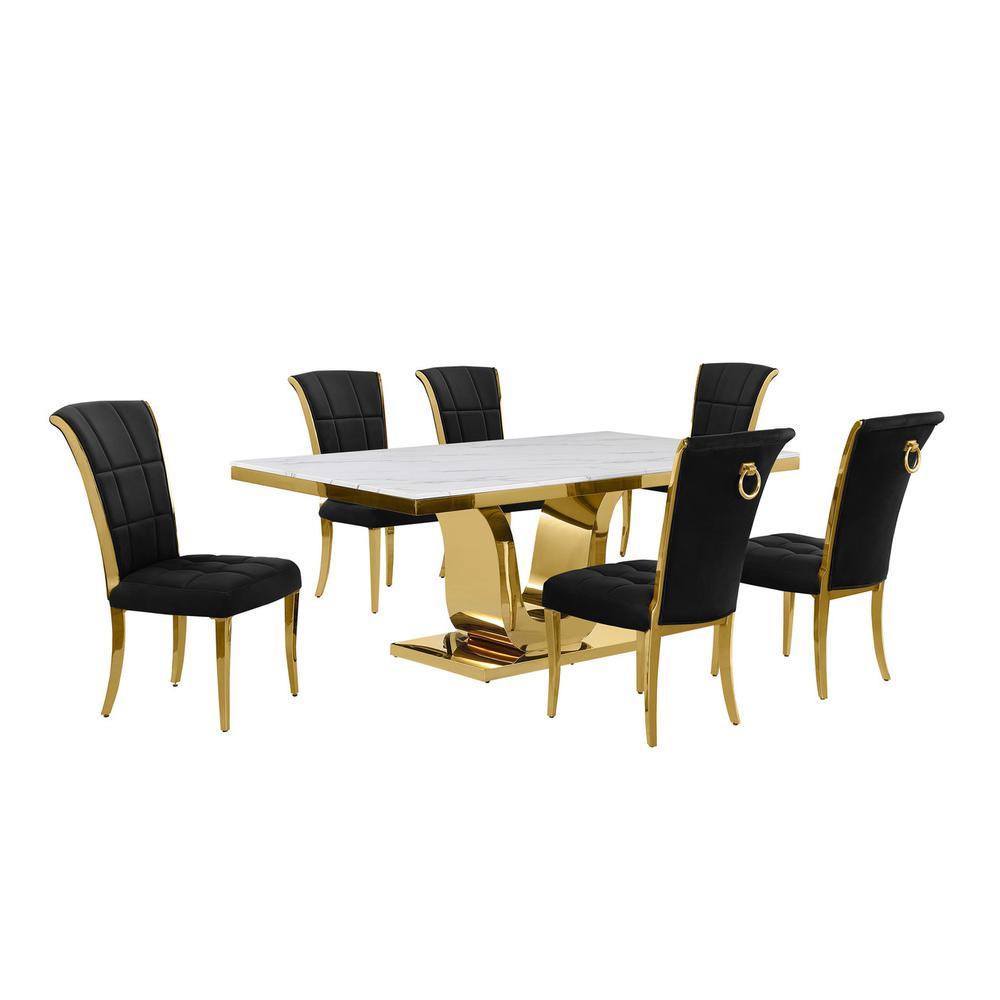 7pc Large(76") marble top dining set with gold base and 6 Black side chairs