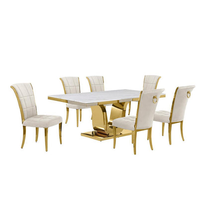 7pc Large(76") marble top dining set with gold base and 6 Cream side chairs