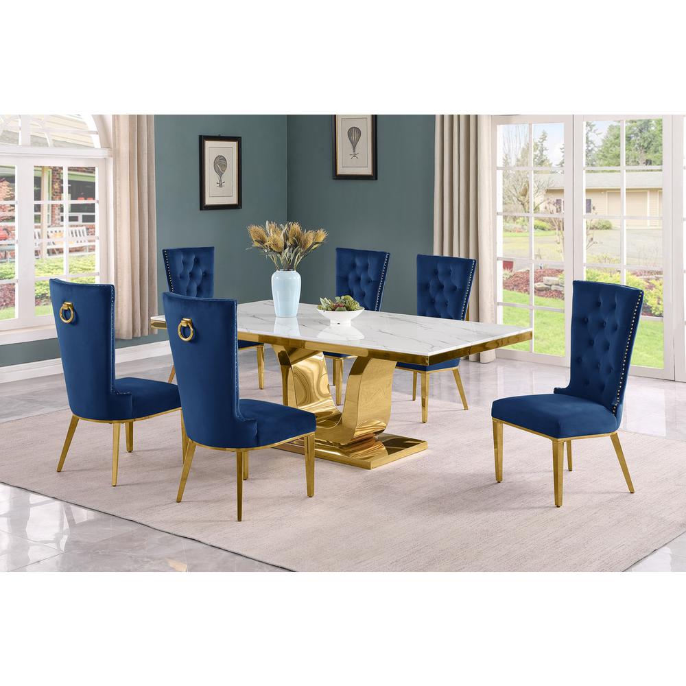 7pc Large(76") marble top dining set with gold base and 6 Navy blue chairs