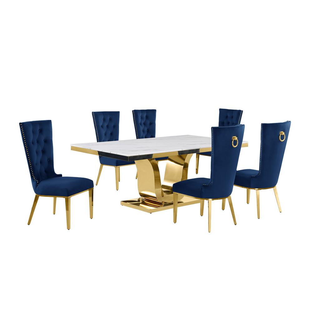 7pc Large(76") marble top dining set with gold base and 6 Navy blue chairs