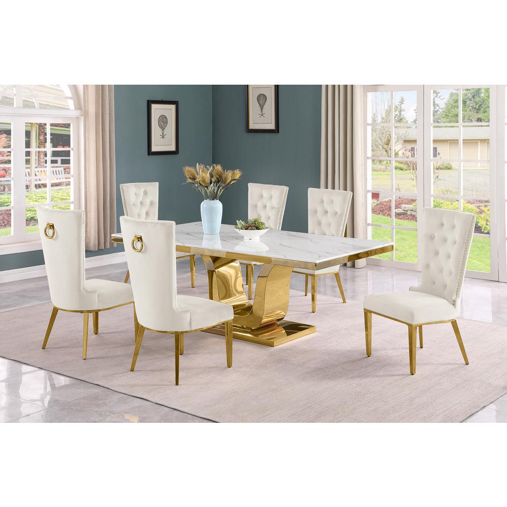7pc Large(76") marble top dining set with gold base and 6 Cream side chairs