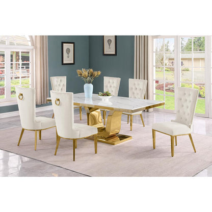 7pc Large(76") marble top dining set with gold base and 6 Cream side chairs