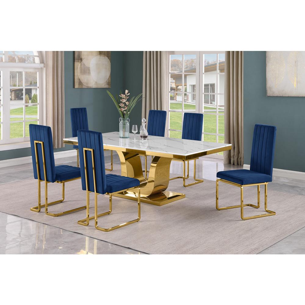 7pc Large(76") marble top dining set with gold base and 6 Navy blue chairs