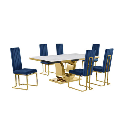 7pc Large(76") marble top dining set with gold base and 6 Navy blue chairs