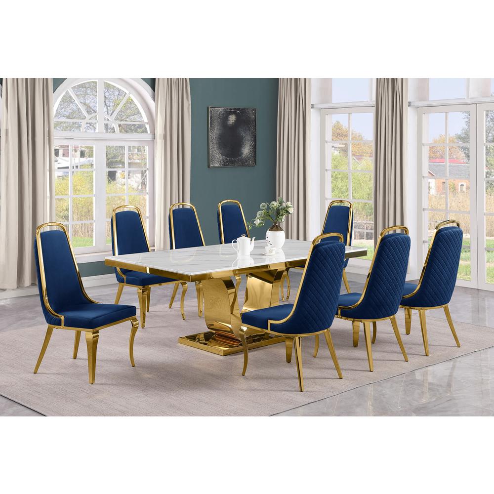 9pc Large(78") marble top dining set with gold base and 8 Navy blue chairs