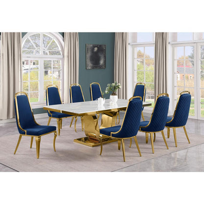 9pc Large(78") marble top dining set with gold base and 8 Navy blue chairs