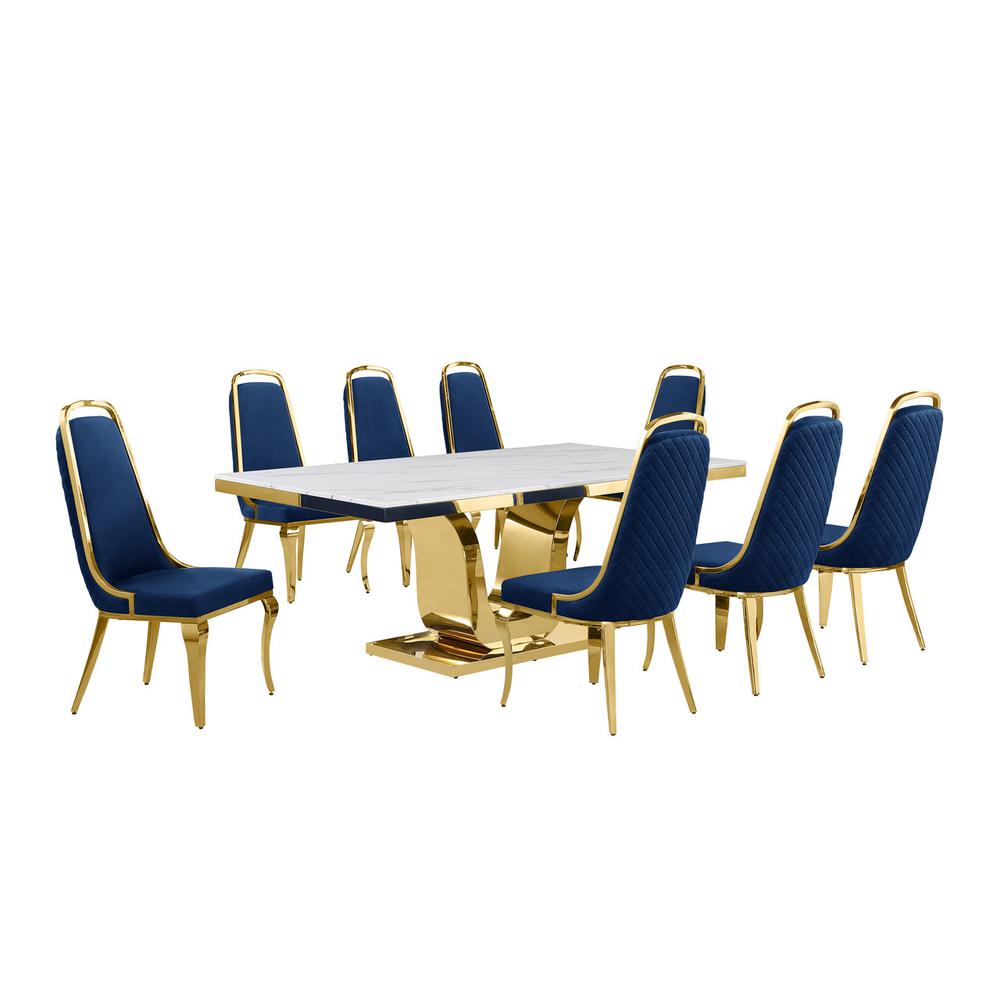 9pc Large(78") marble top dining set with gold base and 8 Navy blue chairs