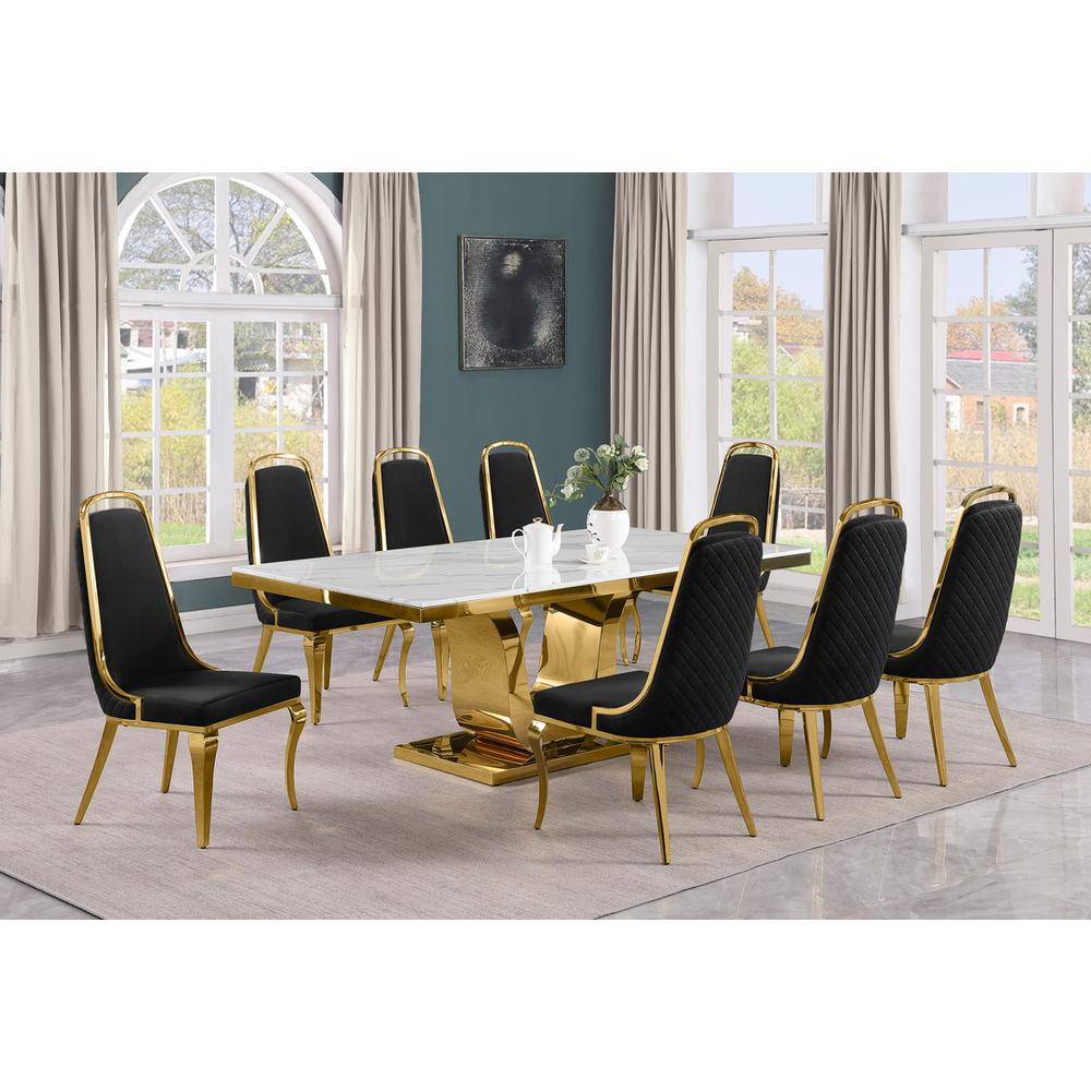 9pc Large(78") marble top dining set with gold base and 8 Black side chairs