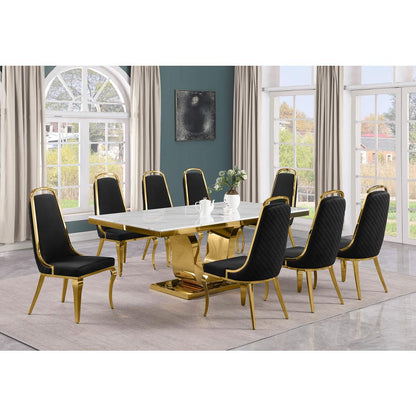 9pc Large(78") marble top dining set with gold base and 8 Black side chairs